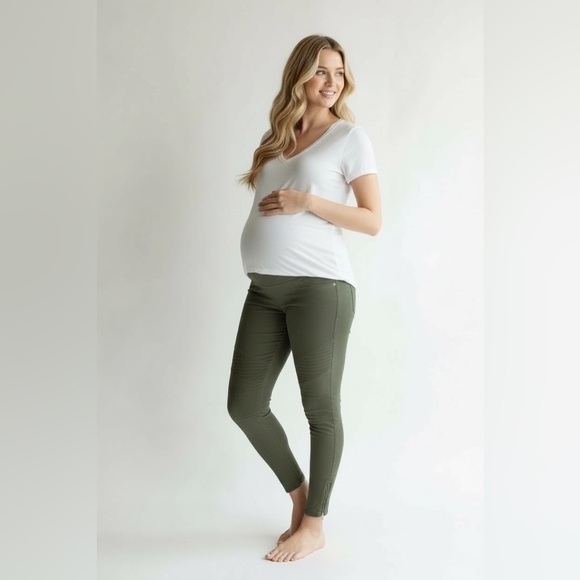 Isabel Maternity Moto Jeggings Olive Green Size 8 Full Panel Ankle Zip - Picture 11 of 12